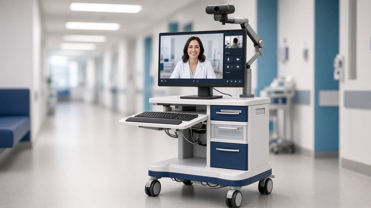Mobile telemedicine cart with video consult screen in a clinical hallway